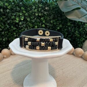 Black and Gold Beaded Bracelet | Faux Leather | Snap Closure | NWT